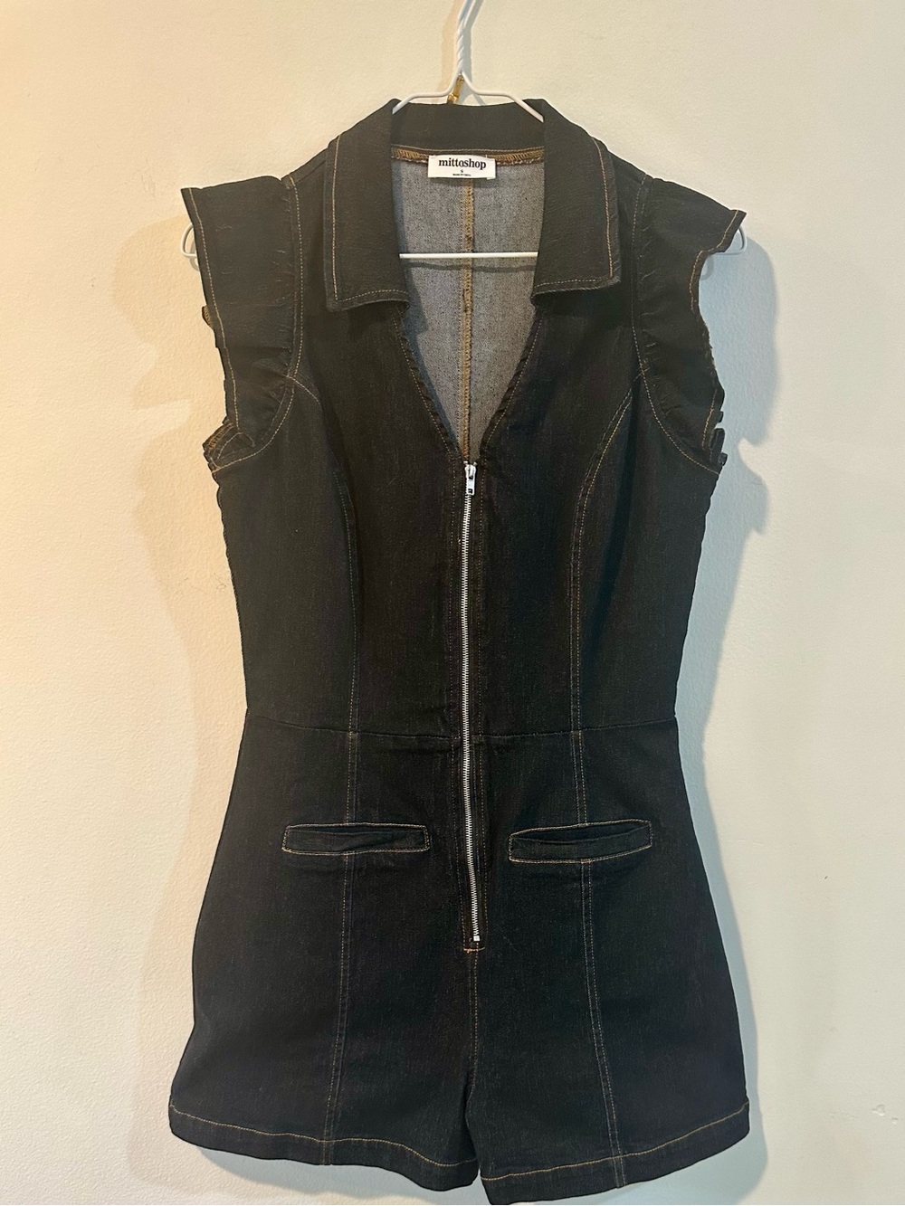 MittoShop Black Sleeveless Zip-Front Denim Romper Dress SIze S, 4/6